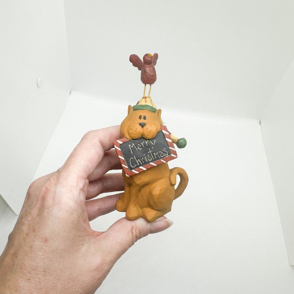 Vintage Blossom Bucket Orange Cat Christmas Holiday Bird Figurine